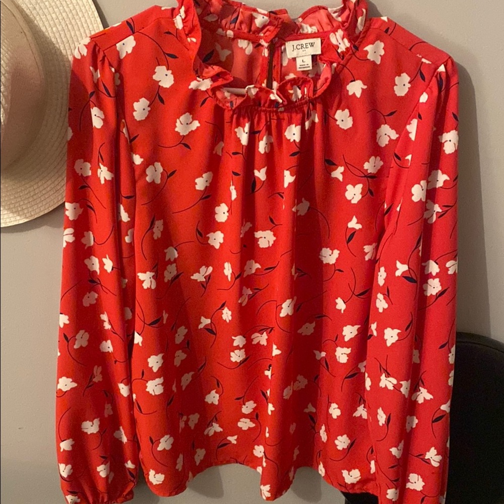 J. Crew Red Stand-Up Collar Blouse